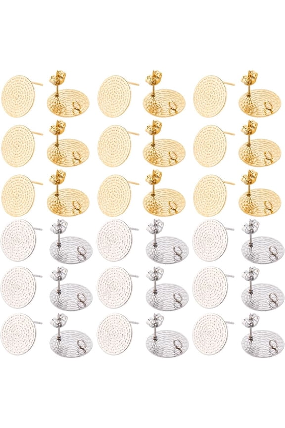 40Pcs 2 Colors Flat Round Earring Posts Stud Earring Findings with Loop Ear Nuts Blank Real 18K Gold Plated Silver 304 Stainless Steel Piercing Studs Accessories for Jewelry Making DIY Craft