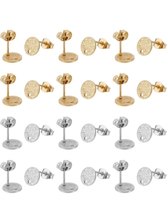 40Pcs 2 Colors Flat Round Earring Studs for Jewelry Making 8mm Stainless Steel Stud Earring with Earring Backs Textured Earring Posts with Hole for DIY Earrings Making