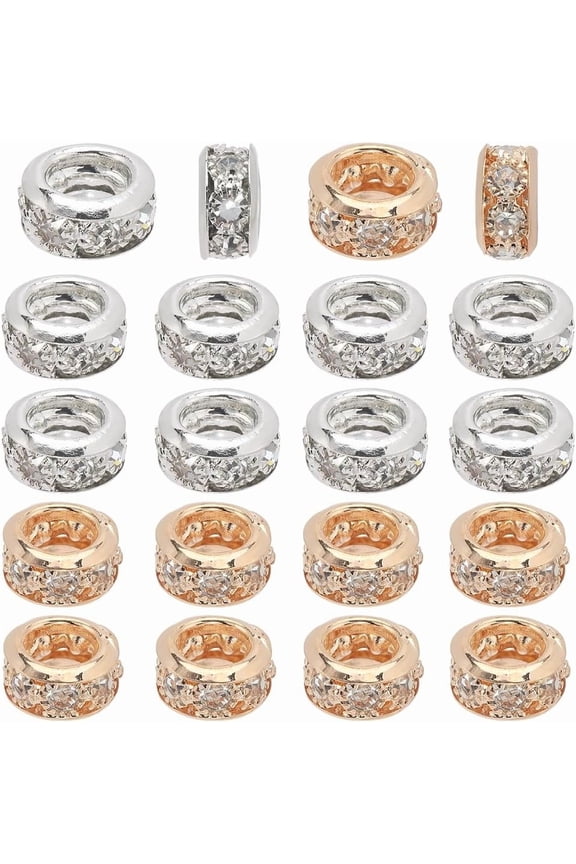 40Pcs 2 Colors Gold Rhinestone Spacer Beads Large Hole European Beads Silver Rondelle Brass Glass Shine Diamond Pave Small Loose Charms Findings