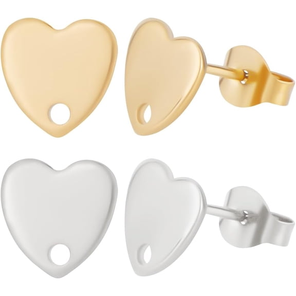 40Pcs 2 Colors Heart Stud Earring Findings Stainless Steel Earring Post with Hole and Earring Backs Gold and Silver Color Love Earrings Components for Valentine's Day Erring DIY for DIY