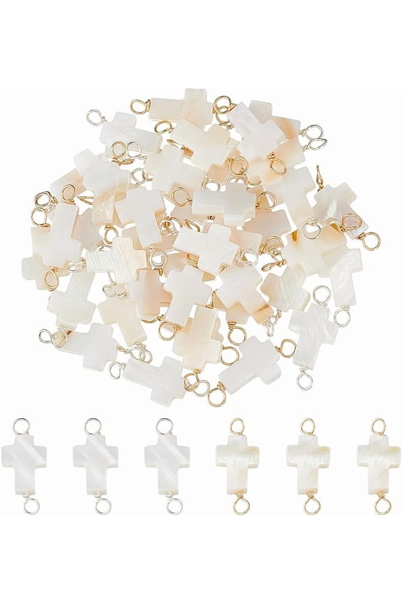 40Pcs 2 Colors Natural Freshwater Shell Cross Connector Charms with Copper Wire Double Loops Golden & Silver 23x9.5x3.5mm Hole: 2.5mm 20pcs/color