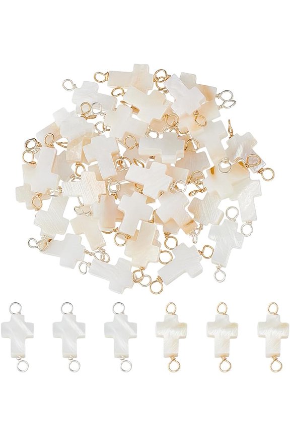 40Pcs 2 Colors Natural Freshwater Shell Cross Connector Charms with Copper Wire Double Loops Golden & Silver 23x9.5x3.5mm Hole: 2.5mm 20pcs/color