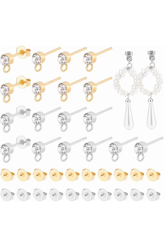 40Pcs 2 Colors Rhinestone Stud Earring Golden Earring Stainless Steel Ear Stud with 40Pcs 304 Stainless Steel Ear Nuts for DIY Earrings Jewelry Making