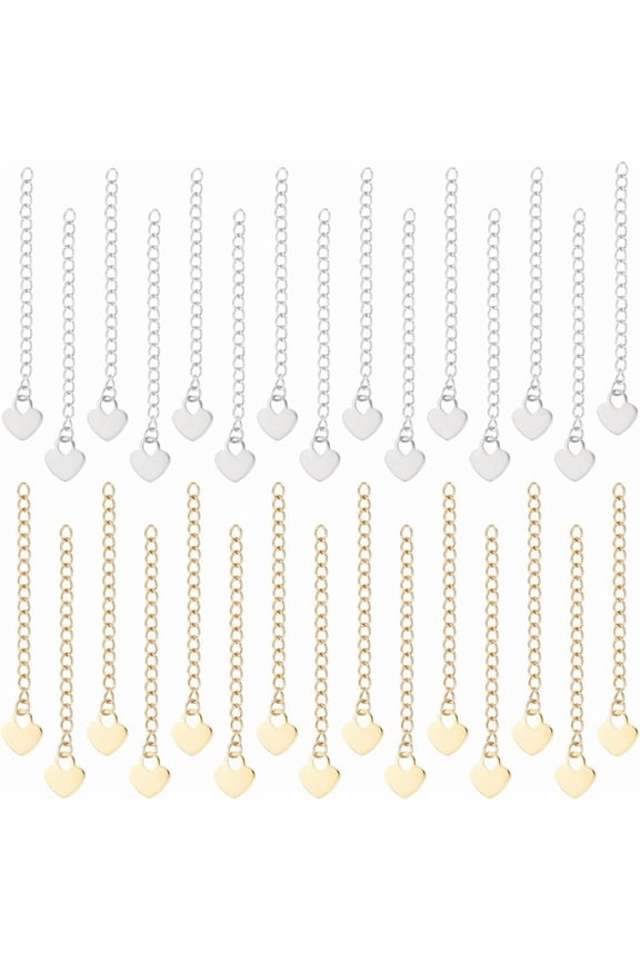 40Pcs 2 Colors Stainless Steel Curb Chain Extension End Chains with Heart Charms Chain Tabs Necklace Bracelet Extension Chain Anklet Extenders