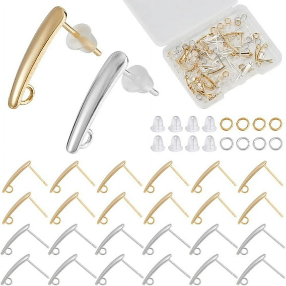 40Pcs 2 Colors Teardrop Stud Earring Findings Stainless Steel Earring Posts Ear Stud Earrings with Loop Open Jump Rings Plastic Ear Nuts for DIY Earring Jewelry Making 3x15mm-Golden Silver for DIY