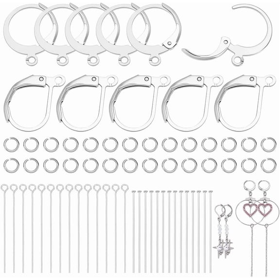 40Pcs 2 Styles 304 Stainless Steel Leverback Earring Findings with 30Pcs Eye Pin Flat Head Pins and 150pcs Jump Ring 15x10x2mm Hole: 1.5mm