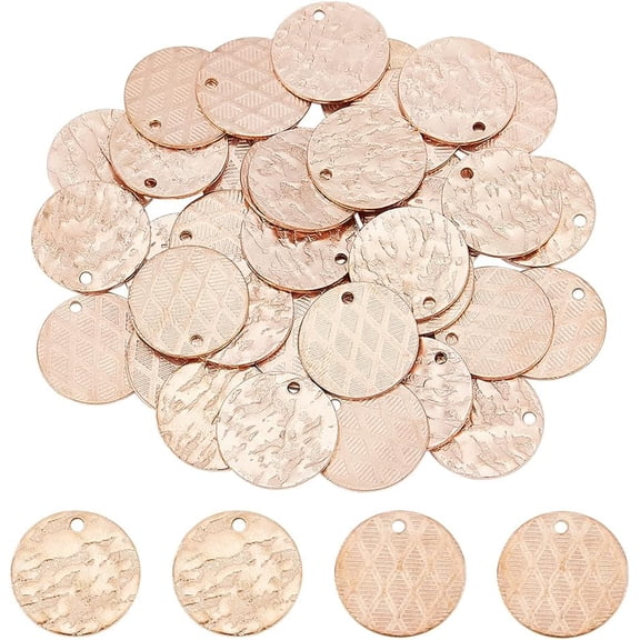 40Pcs 2 Styles Flat Round Pendants Textured Round Charms Rose Gold Disc Charms Metal Bumpy Surface Charms Blank Message Word Tag Pendants for Jewelry Making Hole: 1.2mm