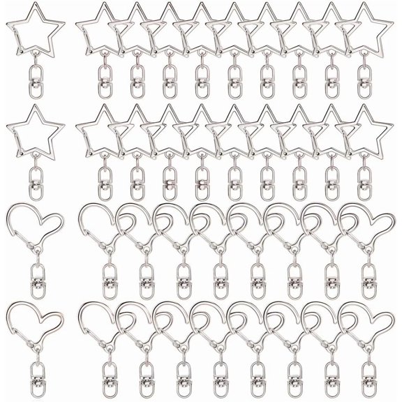 40Pcs 2 Styles Heart Keychain Hook Star Keychain Ring Gold Silver Alloy Cute Hanging Spring Gate Rings with Chain Metal Lobster Claw Clasps Swivel Snap Clip Bulk