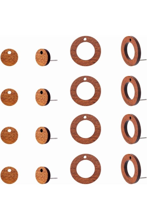 40Pcs 2 Styles Wood Stud Earring Findings Walnut Wood Round Earr Studs with Loop Natural Wood Geometric Earring Pin Studs with Ear Nut for DIY Earring Making Hole: 1.6mm for DIY Tan