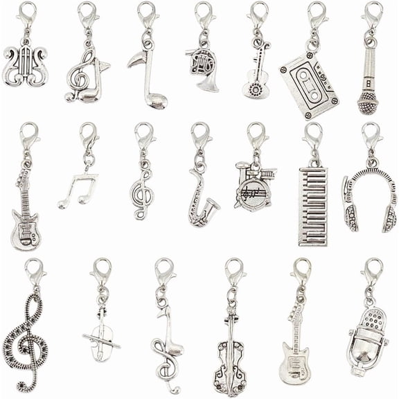 40Pcs 20 Style Alloy Pendant Decorations with Alloy Lobster Claw Clasps Musical Note Theme Silver Platinum 32~44mm 2pcs/style