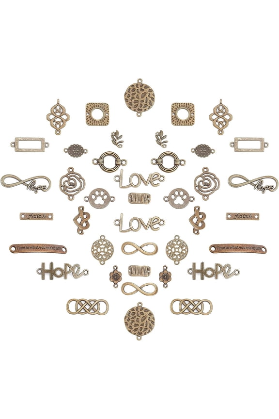 40Pcs 20 Styles Antique Bronze Connector Charm Tibetan Style Alloy Link Charms Words Infinity Hope Love Heart Hollow Linking Connectors for Jewelry Making DIY Necklace Bracelet Crafts