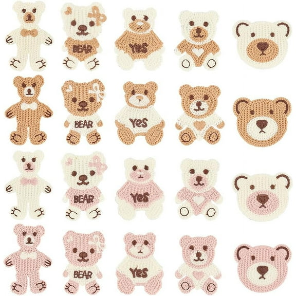 40Pcs 20Styles Little Bear Crochet Knitted Cloth Patch Sew On Patch Applique Multiple Shaped Bear Knitted Handmade Applique Decorative Crochet Patch