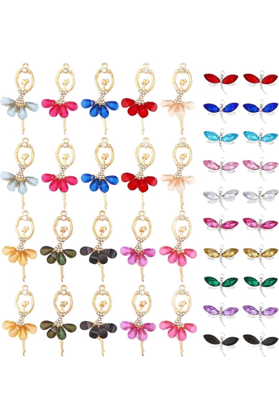 40Pcs 20Styles Rhinestone Dragonfly Charms Rhinestone Ballerina Charms Alloy Resin Big Pendants