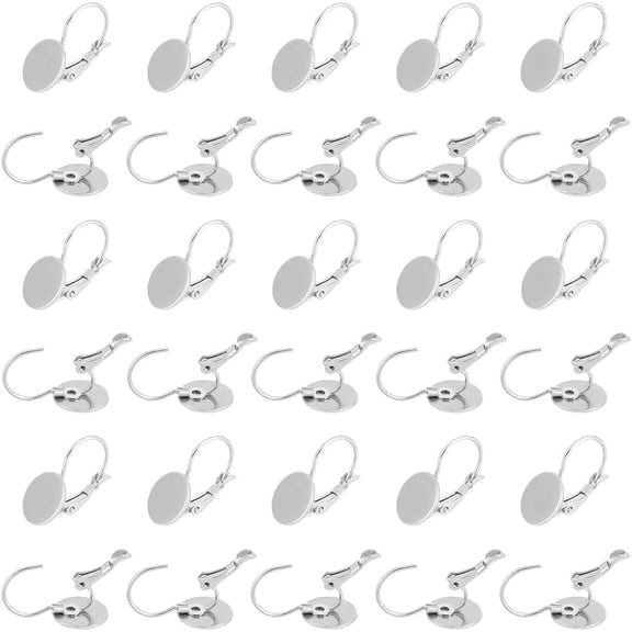 40Pcs 304 Stainless Steel Leverback Earring Findings Flat Round Blank Earring Cabochons Earring Bezel Tray Hoop Earring Accessories Jewelry Making Stainless Steel Color