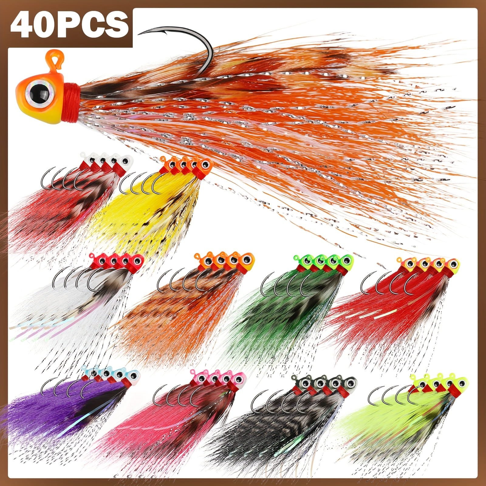 40Pcs 3D Eyes Crappie Jigs, Hand-Tied Hair Bucktail Jig Heads, 10 Mixed Colors 1/32oz 1/16oz 1/8oz Lures for Trout Walleye Panfish Freshwater Fishing