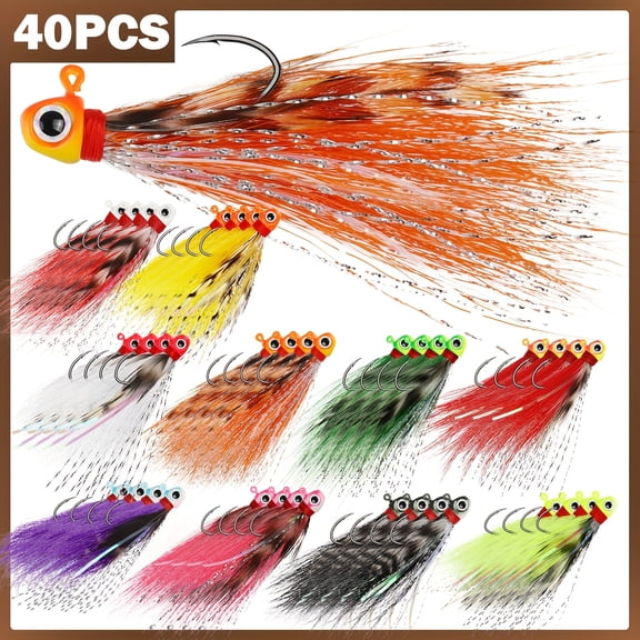 40Pcs 3D Eyes Crappie Jigs, Hand-Tied Hair Bucktail Jig Heads, 10 Mixed Colors 1/32oz 1/16oz 1/8oz Lures for Trout Walleye Panfish Freshwater Fishing