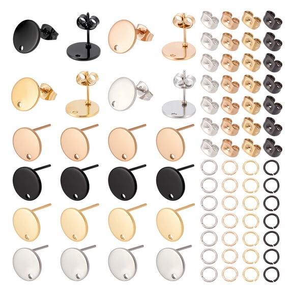 40Pcs 4 Color 304 Stainless Steel Stud Earring Findings with Hole and Ear Nut with 80Pcs Jump Rings Mixed Color 10x1mm Hole: 1.3mm