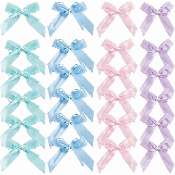40Pcs 4 Colors Green Ribbon Bows Coquette Decorations Colorful Aesthetic Small Smooth Polyester Pearl Beads Flower Bowknot Decor Mixed Color