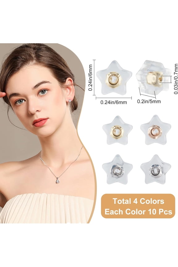 40Pcs 4 Colors Silicone Earring Backs Star Shape Locking Secure Back of Earring Replacement Clear Secure Pierced Earring Backs Stopper for Diamond Studs Heavy Droopy Earrings