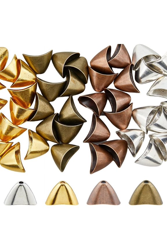 40Pcs 4 Colors Tibetan Style Alloy Triangle Apetalous Bead Cones For Tassels Pendant Mixed Color 14x20x12mm Hole: 2mm 10pcs/color