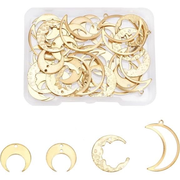 40Pcs 4 Style Brass Moon Pendant Hollow Crescent Moon Frame Charms Unplated Filigree Crescent Pendants