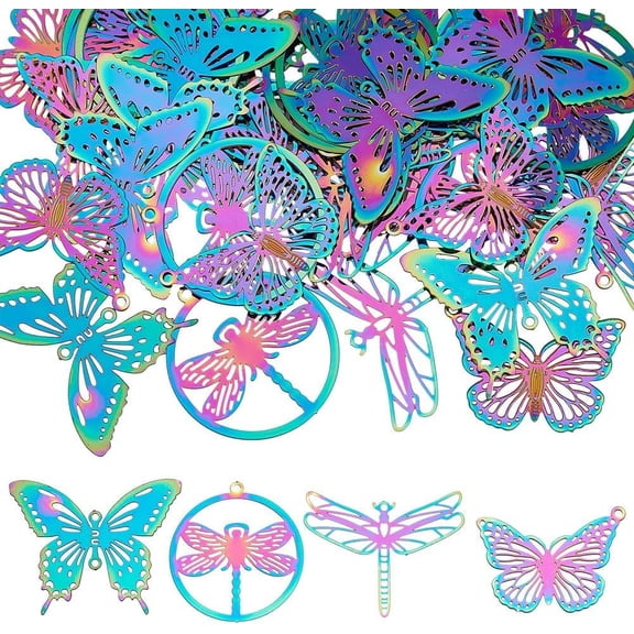 40Pcs 4 Style Filigree Butterfly Dragonfly Pendants Rainbow Color Dangle Charms Stainless Steel Pendants