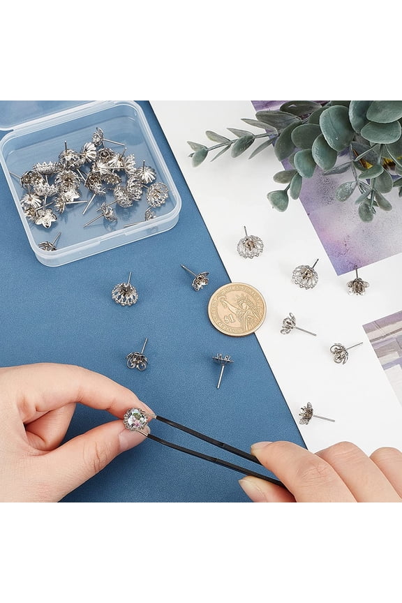 40Pcs 4 Style Flower Stud Earring Findings 304 Stainless Steel Stud Stud Earring Settings for Rhinestone Earring Posts Rhinestone Bezel for DIY Stud Earring Making