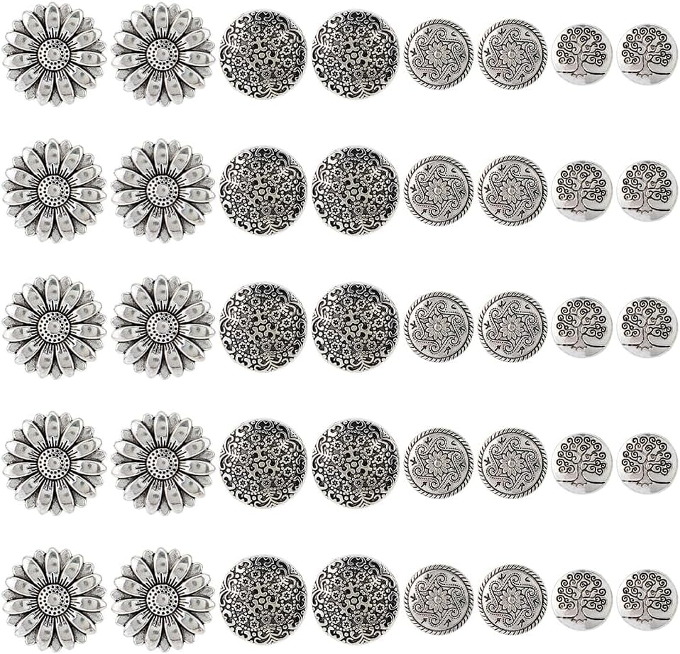 40Pcs 4 Styles 1-Hole Zinc Alloy Shank Buttons Flat Round Antique Silver 14~17x6.5~8mm Hole: 2~2.5mm 10pcs/style