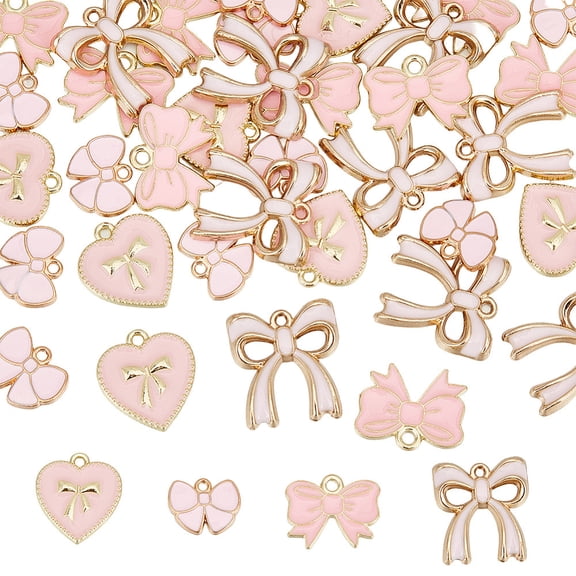 40Pcs 4 Styles Alloy Enamel Pendants Golden Bowknot Pink 11~19.5x14~17.5x1~3mm Hole: 1.5~2mm 10pcs/style DIY