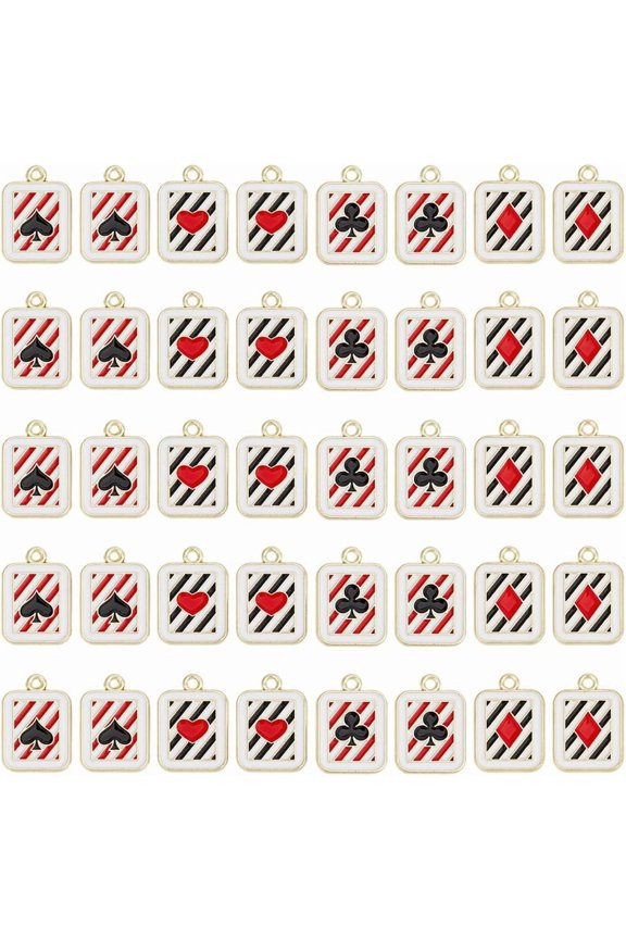 40Pcs 4 Styles Alloy Enamel Pendants Golden Rectangle with Playing Card Charm Spades/Club/Heart Mixed Color 20x14x1.5mm
