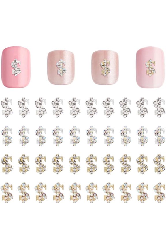40Pcs 4 Styles Dollar Sign Nail Charms with Rhinestone Alloy Nail Art Decoration Accessories Gold and Silver S Shaped Nail Patches for Nails Designs Women DIY Jewelry