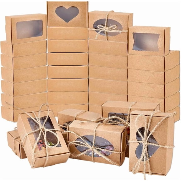40Pcs 4 Styles Soap Packaging Boxes 3.7x2.4 Inch Small Brown Rectangular Kraft Paper Soap Boxes with Window with 20m Jute Twines