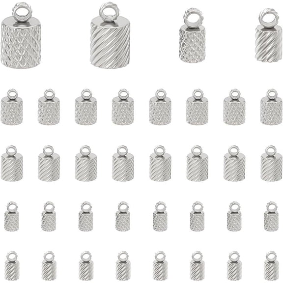 40Pcs 4 Styles Stainless Steel Cord Ends Column End Caps 3-5mm Textured Cord Ends Column Cone Leather Cord Ends Jewelry Making End Caps Terminators Cord for Bracelet Necklaces