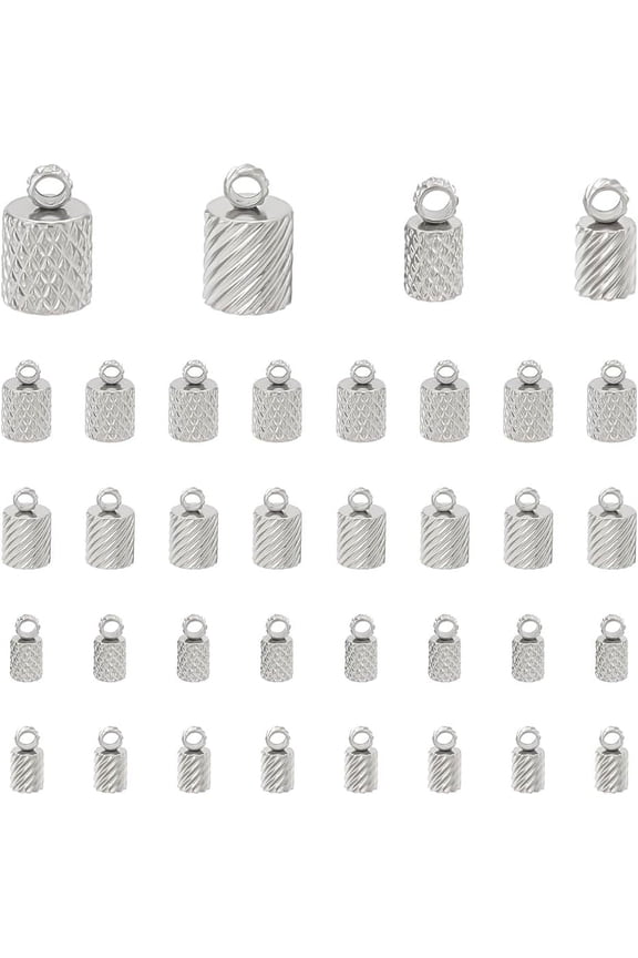 About 40Pcs 4 Styles Stainless Steel Cord Ends Column End Caps 3-5mm Textured Cord Ends Column Cone Leather Cord Ends Jewelry Making End Caps Terminators Cord for Bracelet Necklaces