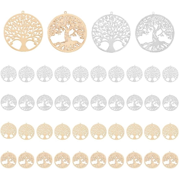 40Pcs 4 Styles Tree of Life Pendants Flat Round Pendants Brass Filigree Charms Family Tree Pendants Rack Plating Tree Charms for DIY Bracelet Jewelry Making Craft for DIY