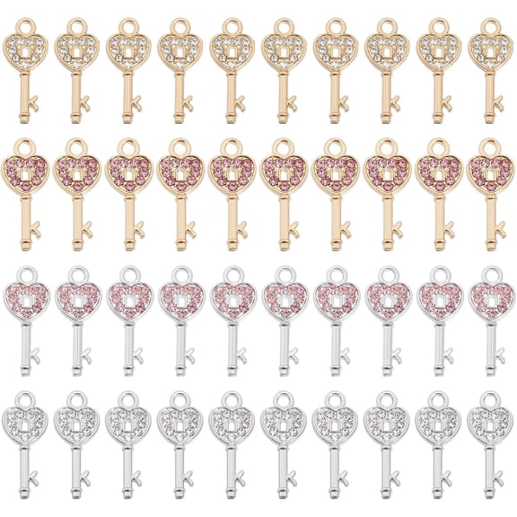 40Pcs 4Colors Heart Key Pendant Charms Alloy Rhinestone Pendants Mini Heart Shape Key Pendants with Rhinestone for Bracelet Keychains Jewelry Making Valentine's Day Gifts for DIY