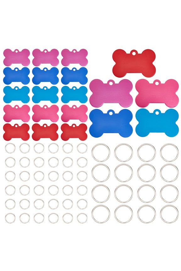 40Pcs 5 Colors Pet Aluminium Pendants Stamping Blank Tag Bone with 50Pcs Iron Split Key Rings Mixed Color 15~25x2~38x1mm Hole: 3mm diy