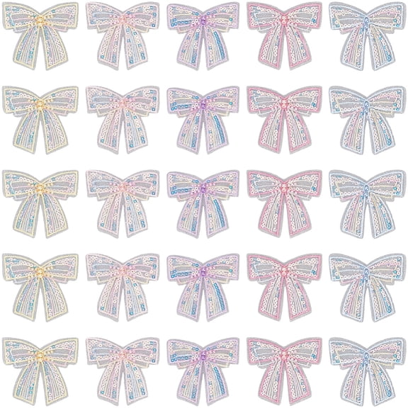 40Pcs 5 Colors Polyester with Mesh Embroidered Cloth Sew on Patches with Plastic Pearl Bowknot Mixed Color 60x65x4mm 8pcs/color DIY