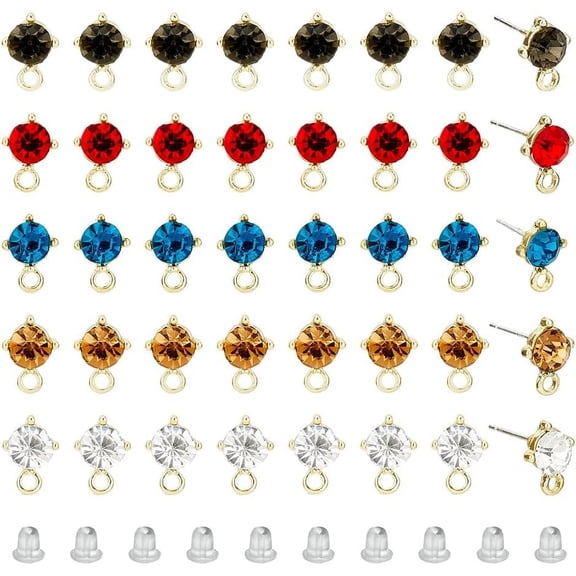 40Pcs 5 Colors Rhinestones Stud Earring Findings Alloy Posts with Loop for DIY Earring Making