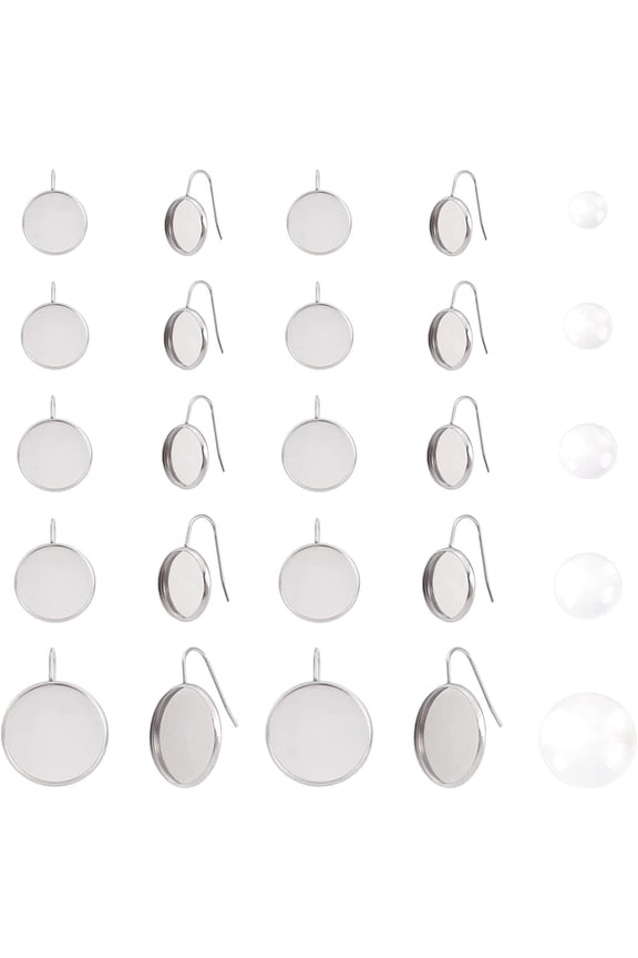 40Pcs 5 Styles Flat Round 304 Stainless Steel Earring Hooks Settings with 40Pcs Transparent Glass Cabochons for DIY Earring Making Kits Stainless Steel Color 18mm 21 Gauge Pin: 0.7mm 8pcs/style
