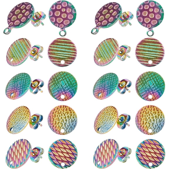 40Pcs 5 Styles Flat Round Earring Findings with 1.2mm Loop Textured Stud Earring Studs Stainless Steel Ear Studs Rainbow Stud Post Earrings for Earring Making Pin: 0.8mm DIY Rainbow Color
