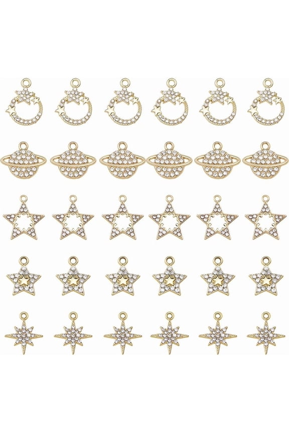 40Pcs 5 Styles Rhinestone Star Charm Alloy Celestial Charm Bulk Cubic Zirconia North Star Planet Charms Light Gold Shiny Stars Pendant