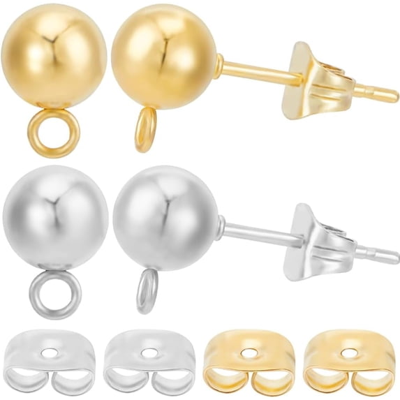 40Pcs 6mm Ball Post Stud Earring Findings 24K Gold Plated Stainless Steel Round Ear Stud with Loop and 20Pcs Ear Nuts Earrings Component