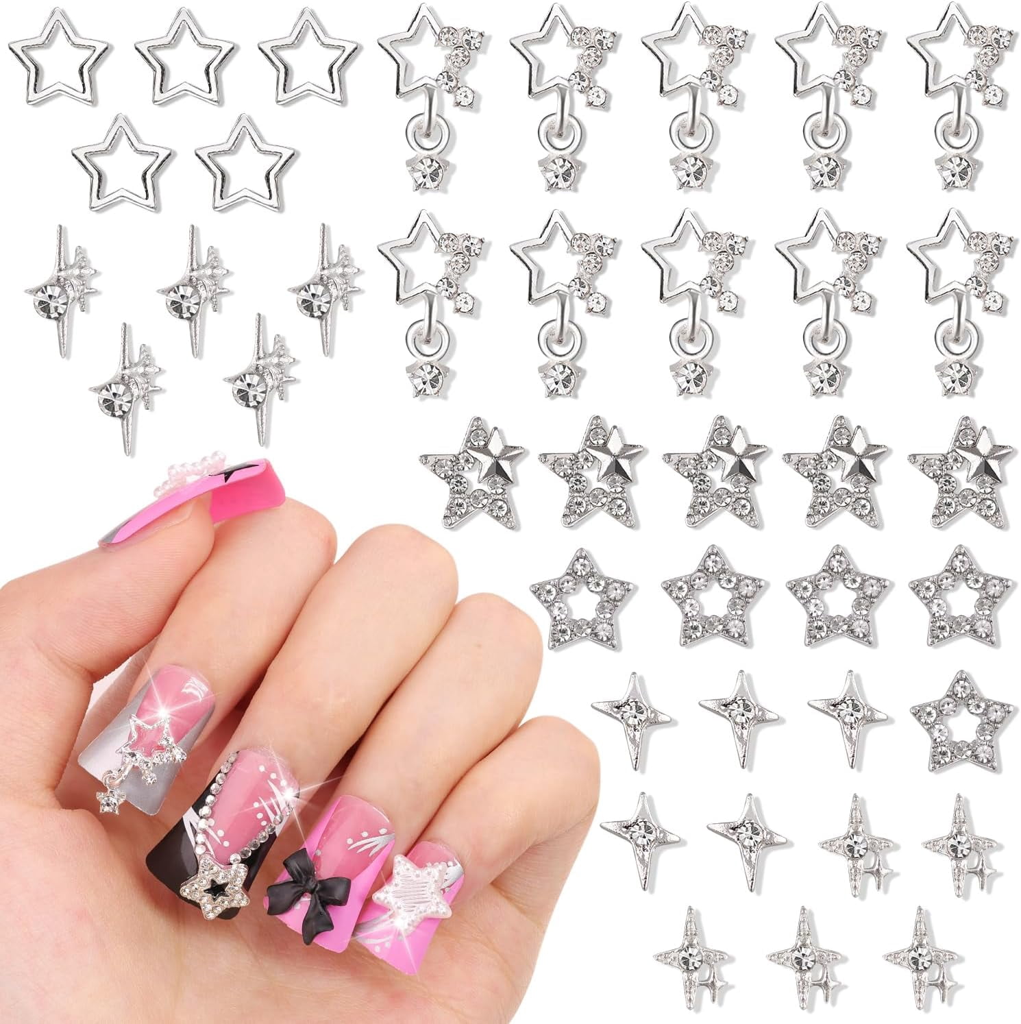 40Pcs 7 Styles 3D Pentagram Nail Charms Set 1, Silver Shiny Luxury Star ...