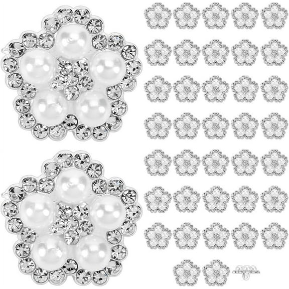 40Pcs Alloy Rhinestone Shank Buttons with Imitation Pearl Beads Flower Silver 19x10mm Hole: 2mm