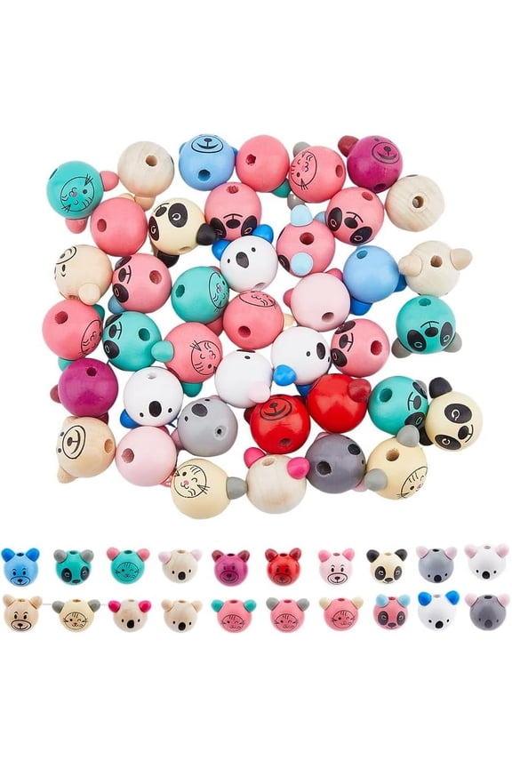 40Pcs Animal Wood Beads Face Wood Beads Painted Wooden Bead Bear Head Koala Panda Mouse Loose Bead for Necklace Bracelet Jewelry Making Hole: 5.5mm for DIY