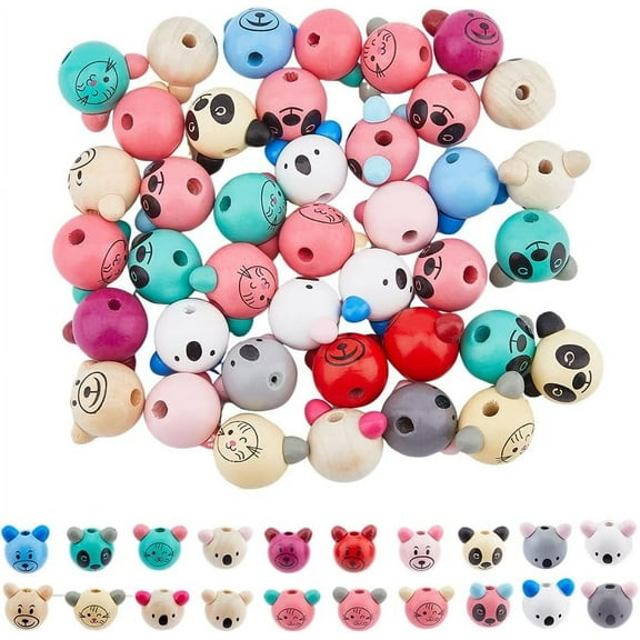 40Pcs Animal Wood Beads Face Wood Beads Painted Wooden Bead Bear Head Koala Panda Mouse Loose Bead for Necklace Bracelet Jewelry Making Hole: 5.5mm diy