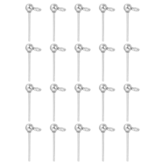 40Pcs Ball Post Stud Earrings, 15x3mm Round Ear Pin with Horizontal Loop, Silver