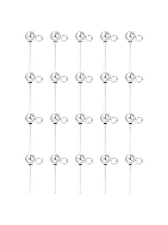 40Pcs Ball Post Stud Earrings, 16x4mm Round Ear Pin with Vertical Loop, Silver