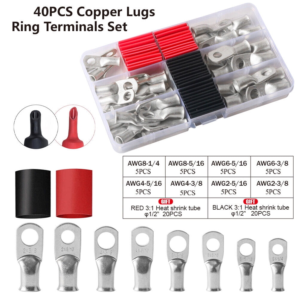 40Pcs Battery Welding Ring Terminals Wire Cable Lugs 40Pcs 3:1 Heat Shrink Tube